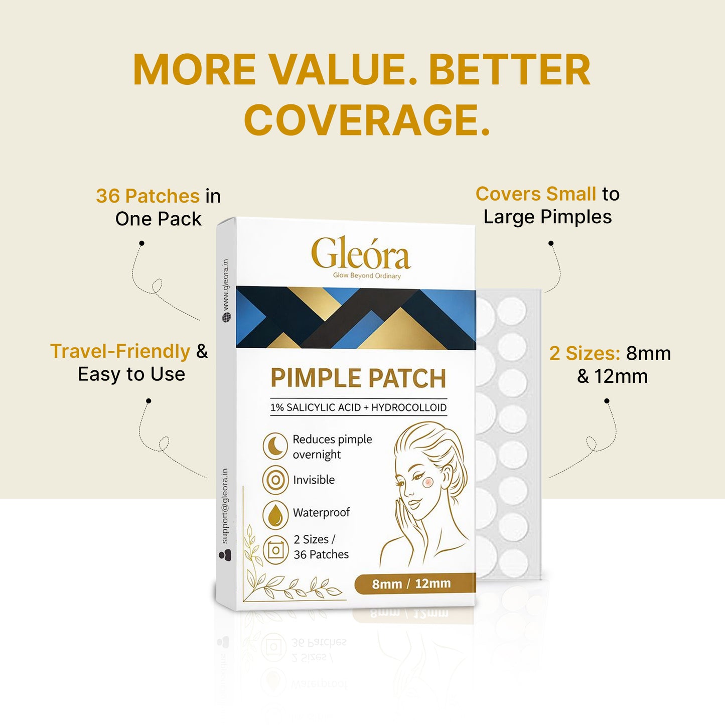 Gleóra Pimple Patch (36 Patches) Acne Spot Treatment | Invisible, Waterproof, Overnight Pimple Removal (8mm & 12mm)