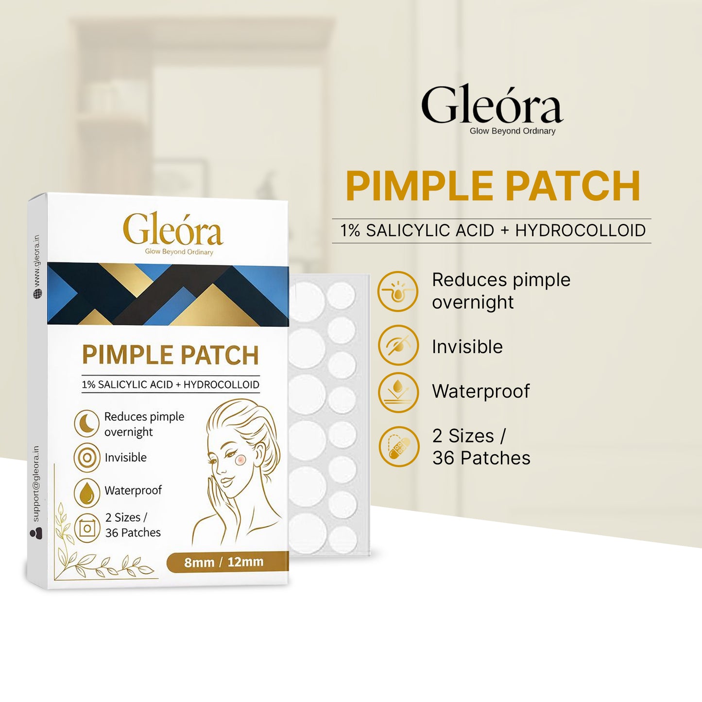 Gleóra Pimple Patch (36 Patches) Acne Spot Treatment | Invisible, Waterproof, Overnight Pimple Removal (8mm & 12mm)