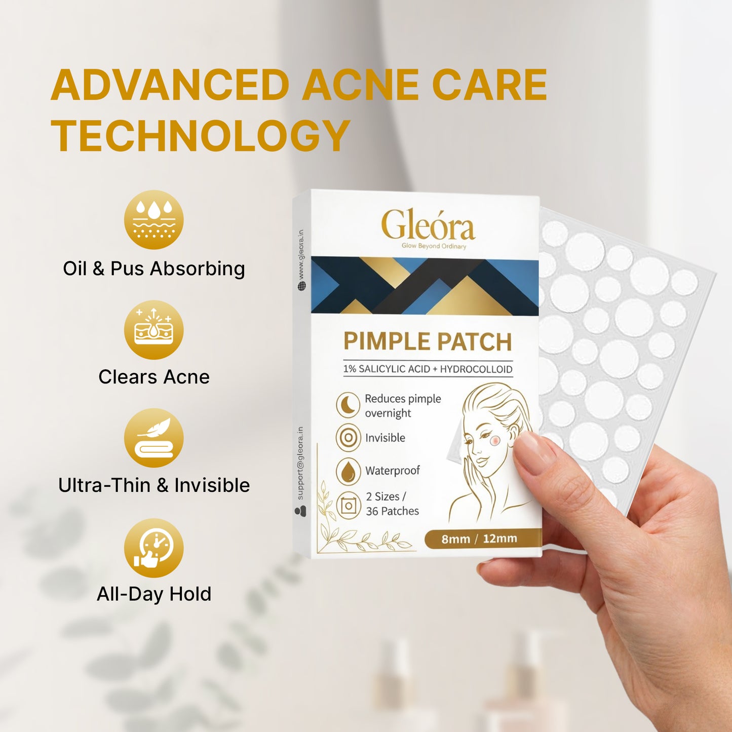 Gleóra Pimple Patch (36 Patches) Acne Spot Treatment | Invisible, Waterproof, Overnight Pimple Removal (8mm & 12mm)