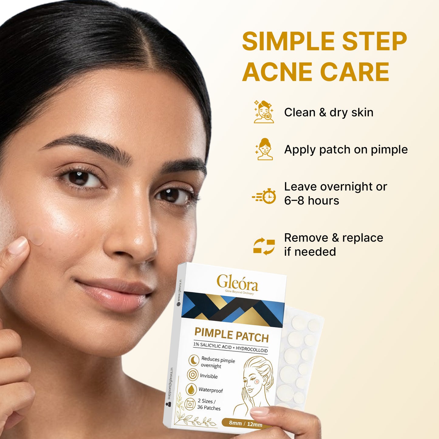 Gleóra Pimple Patch (36 Patches) Acne Spot Treatment | Invisible, Waterproof, Overnight Pimple Removal (8mm & 12mm)