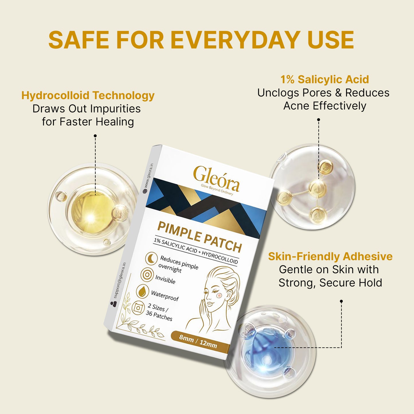Gleóra Pimple Patch (36 Patches) Acne Spot Treatment | Invisible, Waterproof, Overnight Pimple Removal (8mm & 12mm)